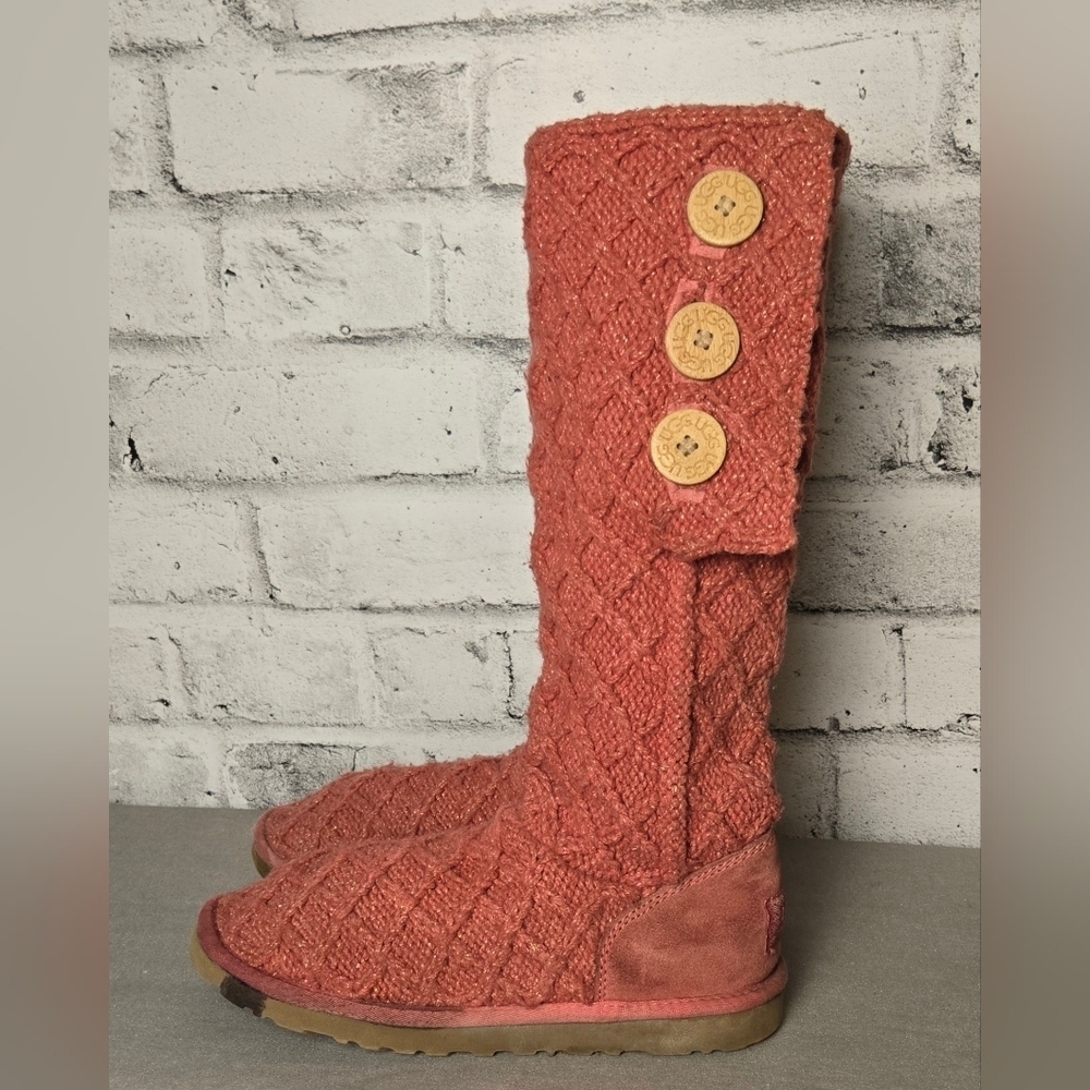 UGG Australia Classic Cardy Knit Button Boots Coral Orange Tall Size 8 - Picture 1 of 11